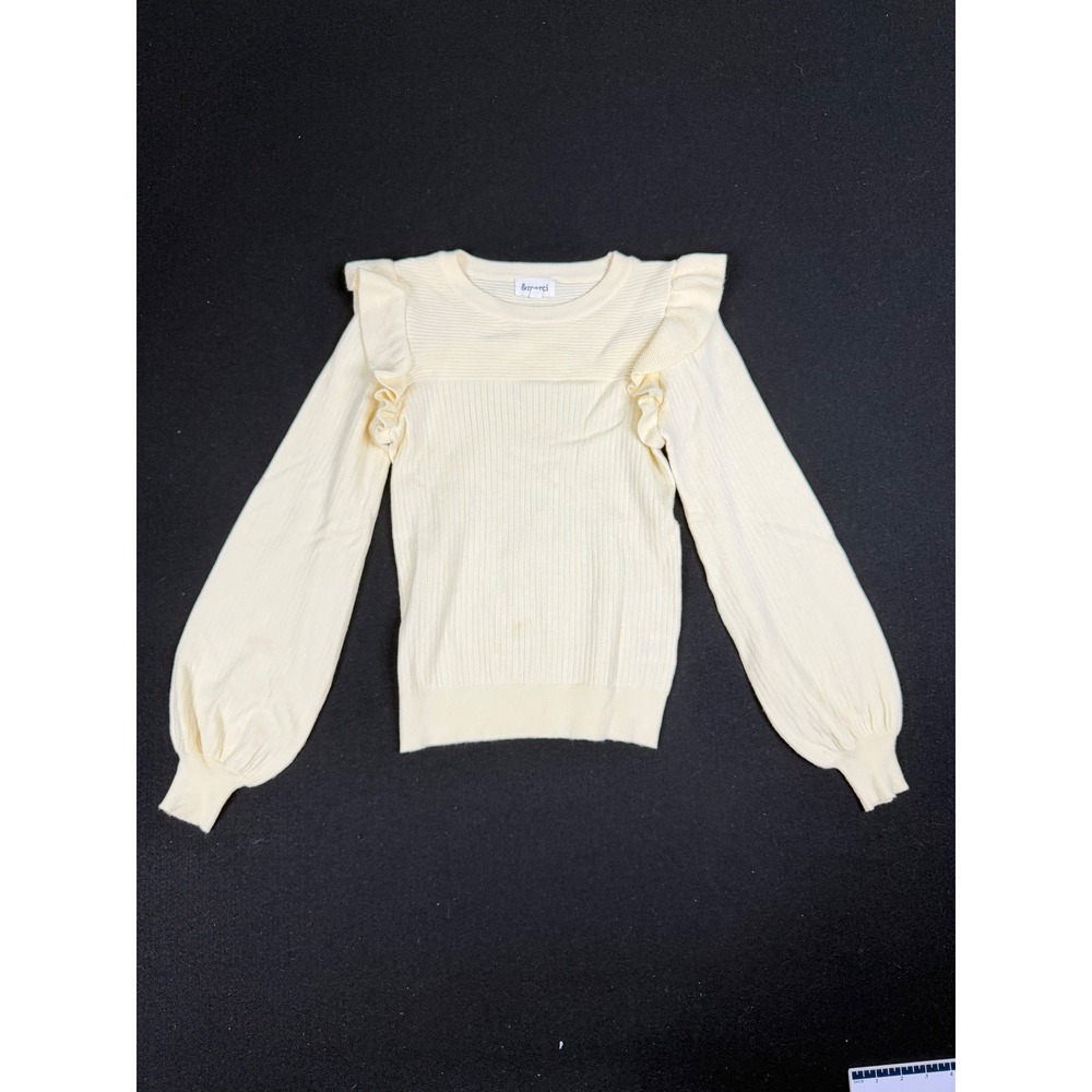 &merci Womens Cream Ribbed Ruffle Shoulder Puff Sleeve Knit Sweater Small